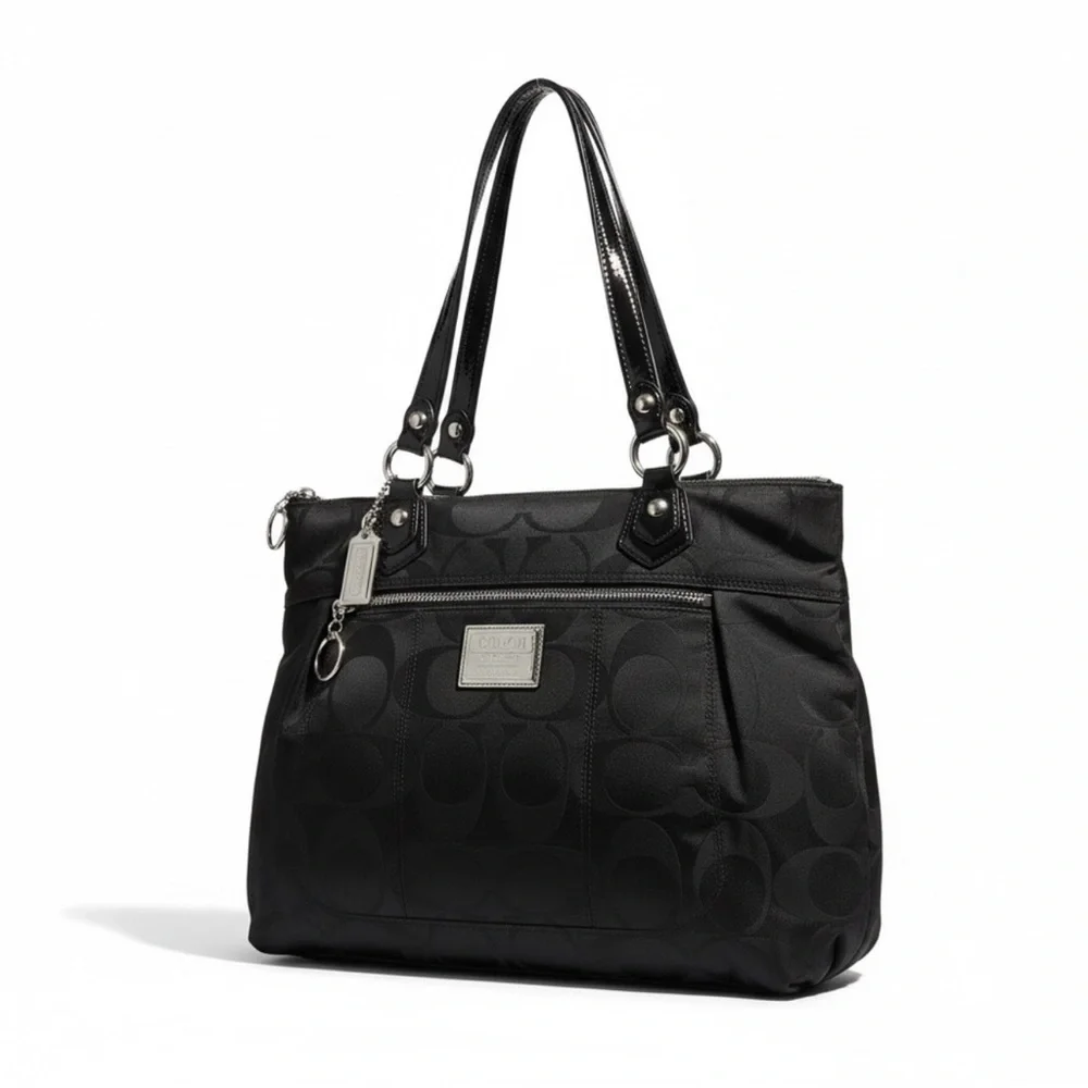 ✨ Coach Poppy Black Signature Tote Pink Satin Lining Patent Trim EUC